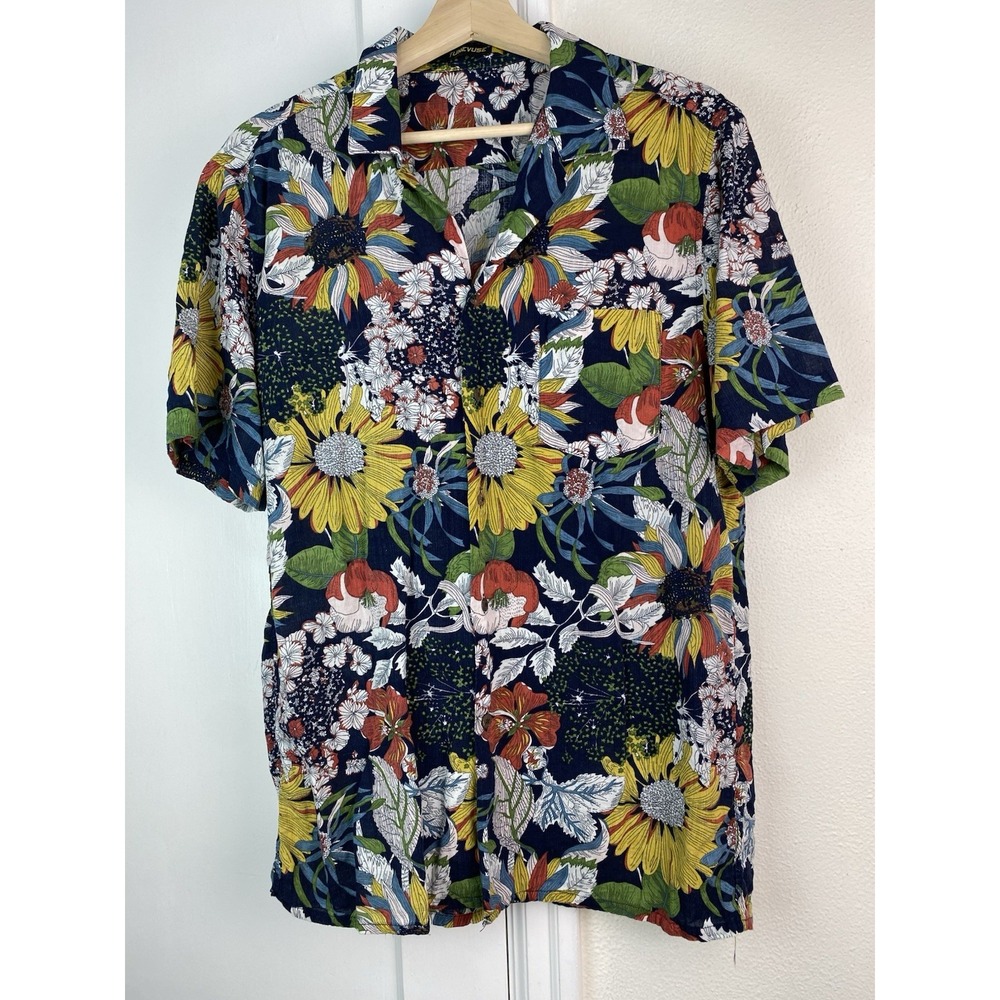Tunevuse Men's L Blue Colorful Floral Short Sleeve Cotton Button Up Shirt